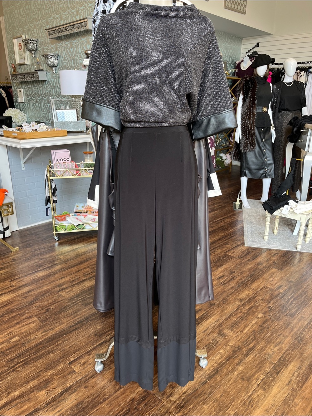 251048 Frank Lyman Design Black Wide-Leg Palazzo Pants with sheer cuff.